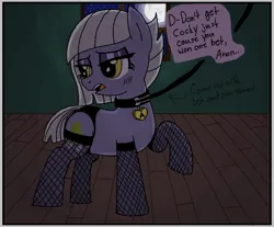 Size: 450x373 | Tagged: suggestive, artist:legendoflink, derpibooru import, limestone pie, earth pony, pony, aggie.io, bedroom, clothes, collar, female, image, implied anon, leash, limestonesub, lowres, mare, panties, png, socks, solo, stockings, thigh highs, underwear