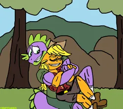 Size: 1124x996 | Tagged: safe, artist:tmntfan85, derpibooru import, applejack, spike, anthro, earth pony, plantigrade anthro, adult, adult spike, applespike, eyes closed, female, grin, hug, hug from behind, image, male, older, older spike, png, shipping, smiling, straight, tree