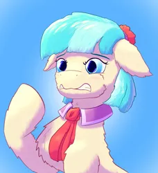 Size: 2009x2200 | Tagged: safe, artist:gosha305, derpibooru import, coco pommel, earth pony, pony, blushing, bust, cheek fluff, chest fluff, clothes, cute, ear fluff, female, flower, flower in hair, gradient background, gritted teeth, image, mare, necktie, png, portrait, raised hoof, solo, solo female, teeth