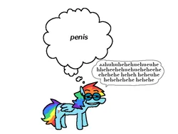 Size: 2085x1575 | Tagged: safe, artist:punkittdev, derpibooru import, rainbow dash, pegasus, pony, female, grin, image, implied penis, laughing, mare, png, silly, simple background, smiling, solo, thought bubble, white background