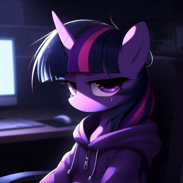 Size: 1024x1024 | Tagged: safe, derpibooru import, machine learning generated, twilight sparkle, pony, ai content, chair, clothes, crying, generator:dall-e 3, hoodie, image, jpeg, messy mane, monitor, office chair, prompter:ponynyanners