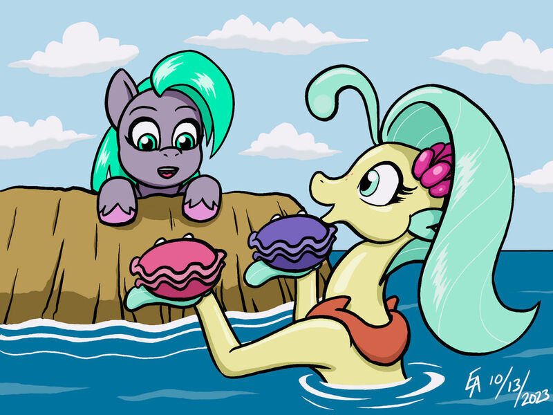 Size: 1024x768 | Tagged: safe, artist:mayorlight, derpibooru import, princess skystar, shelldon, shelly, earth pony, pony, seapony (g4), g5, my little pony: the movie, clam, digital art, female, filly, foal, g4, image, jpeg, mlp fim's thirteenth anniversary, open mouth, open smile, seashell (g5), smiling