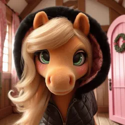 Size: 1024x1024 | Tagged: safe, machine learning generated, ponerpics import, ponybooru import, applejack, earth pony, pony, ai content, bing, clothes, door, female, fluffy, image, jpeg, looking at you, mare, solo, window, winter outfit
