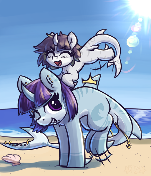 Size: 1620x1893 | Tagged: safe, artist:rivibaes, derpibooru import, oc, oc:killi thaum, oc:riptide, oc:silent running, unofficial characters only, original species, shark, shark pony, beach, female, image, laughing, mother and child, mother and daughter, piercing, piggyback ride, png, shell