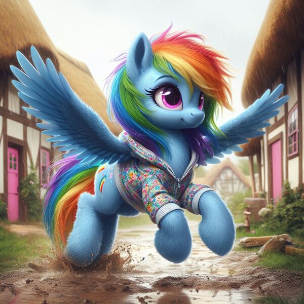 Size: 1024x1024 | Tagged: safe, machine learning generated, ponerpics import, ponybooru import, rainbow dash, pegasus, pony, ai content, alternate cutie mark, bing, clothes, cute, dashabetes, female, flying, hoodie, image, jpeg, mare, mud, ponyville, rain, smiling, solo, wet