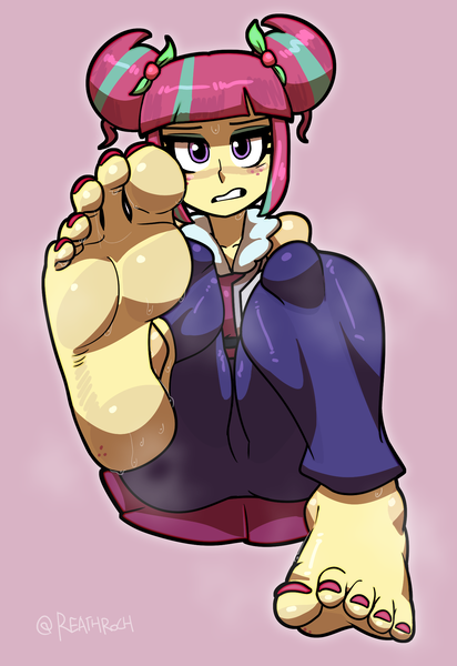 Size: 1428x2078 | Tagged: suggestive, artist:reathroch, derpibooru import, sour sweet, human, equestria girls, friendship games, barefoot, crossed legs, feet, female, fetish, foot fetish, foot focus, friendship games outfit, image, nail polish, pink background, png, remastered, simple background, soles, solo, toenail polish, toes, unsure