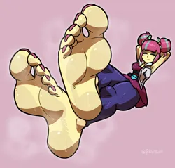Size: 2084x1990 | Tagged: suggestive, artist:reathroch, derpibooru import, sour sweet, human, equestria girls, friendship games, armpits, barefoot, breasts, crossed legs, feet, female, fetish, foot fetish, foot focus, friendship games outfit, image, nail polish, pink background, png, remastered, simple background, sleeping, soles, solo, toenail polish, toes