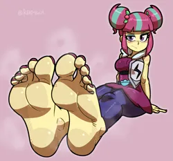 Size: 2037x1901 | Tagged: suggestive, artist:reathroch, derpibooru import, sour sweet, human, equestria girls, friendship games, annoyed, barefoot, breasts, crossed legs, feet, female, fetish, foot fetish, foot focus, friendship games outfit, image, nail polish, pink background, png, remastered, simple background, soles, solo, toenail polish, toes