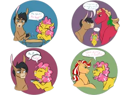 Size: 2732x2048 | Tagged: safe, artist:pitterpaint, derpibooru import, oc, oc:ascot, oc:cherry pit, oc:cream cheese, oc:darcy spice, unofficial characters only, donkey, earth pony, pony, unicorn, burn, censored, censored vulgarity, crying, dialogue, female, food, freckles, fudge, image, male, mare, oc x oc, offspring, parent:applejack, parent:big macintosh, parent:cheerilee, parent:cheese sandwich, parent:cranky doodle donkey, parent:flim, parent:matilda, parent:pinkie pie, parents:cheerimac, parents:cheesepie, parents:crankilda, parents:flimjack, pie, png, shipping, simple background, stallion, starry eyes, straight, tears of joy, transparent background, vulgar, wingding eyes