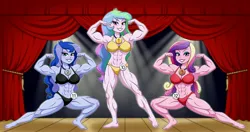 Size: 4323x2290 | Tagged: suggestive, artist:ameliacostanza, derpibooru import, princess cadance, princess celestia, princess luna, human, equestria girls, abs, armpits, bicep flex, biceps, bikini, black bikini, black swimsuit, bodybuilder, bodybuilding contest, breasts, busty princess cadance, busty princess celestia, busty princess luna, clothes, commission, dean ca-dense, dean cadance, female, flexing, grin, image, jpeg, looking at you, medals, muscles, muscular female, pecs, princess ca-dense, princess muscle moona, princess musclestia, principal celestia, principal musclestia, red bikini, red swimsuit, royal sisters, siblings, sisters, smiling, swimsuit, thighs, thunder thighs, trio, trio female, vice principal luna, vice principal muscle moona, yellow bikini, yellow swimsuit