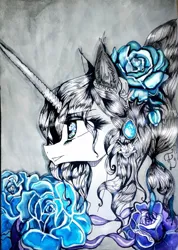 Size: 840x1179 | Tagged: safe, artist:hysteriana, derpibooru import, oc, unnamed oc, pony, unicorn, baroque, beautiful, blue, blue eyes, bow, curly hair, curly mane, detailed, detailed hair, female, flower, flower in hair, flowing mane, glossy, gray background, hair bow, hairstyle, horn, image, jewelry, jpeg, long horn, makeup, ponytail, princess, rococo, rose, royalty, shiny, simple background, traditional art, watercolor painting