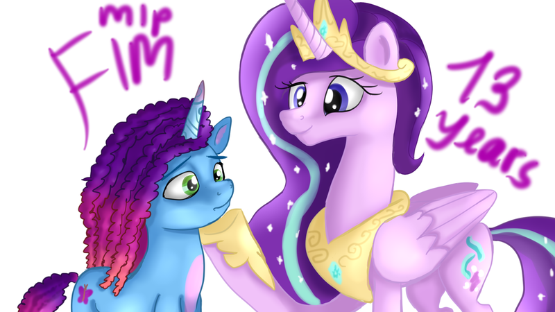 Size: 1920x1080 | Tagged: safe, artist:jbond, derpibooru import, starlight glimmer, alicorn, pony, unicorn, g5, spoiler:g5, alicornified, duo, female, image, jewelry, mare, misty brightdawn, mlp fim's thirteenth anniversary, png, race swap, raised hoof, regalia, simple background, starlicorn, text, white background, xk-class end-of-the-world scenario