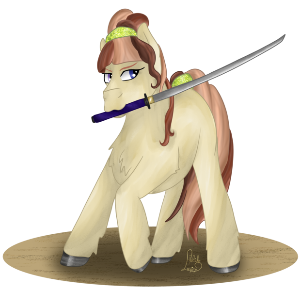Size: 3025x2931 | Tagged: safe, artist:loopina, derpibooru import, oc, oc:marianne, unofficial characters only, earth pony, pony, badass, female, heterochromia, image, katana, mare, png, poctober, simple background, solo, sword, transparent background, weapon