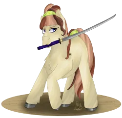 Size: 3025x2931 | Tagged: safe, artist:loopina, derpibooru import, oc, oc:marianne, unofficial characters only, earth pony, pony, badass, female, heterochromia, image, katana, mare, png, poctober, simple background, solo, sword, transparent background, weapon
