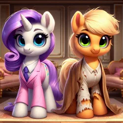 Size: 1024x1024 | Tagged: safe, machine learning generated, ponerpics import, ponybooru import, applejack, rarity, earth pony, pony, unicorn, ai content, alternate cutie mark, bing, clothes, duo, fashion, female, fluffy, friendship, furniture, image, jpeg, looking at you, mare, missing accessory, not fashion, smiling, suit, tattered