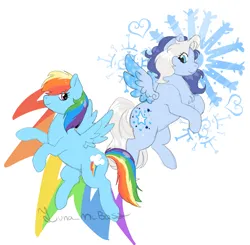 Size: 2181x2136 | Tagged: safe, artist:luna_mcboss, derpibooru import, rainbow dash, silver glow, pegasus, pony, g3, blue coat, blue mane, canon, feathered wings, g4, image, lighting, mlp fim's thirteenth anniversary, multicolored hair, png, rainbow hair, simple background, snow, snowflake, white background, white mane, wings