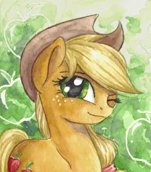 Size: 2152x2440 | Tagged: safe, artist:the-wizard-of-art, derpibooru import, part of a set, applejack, earth pony, pony, applejack's hat, cowboy hat, eyebrows, female, freckles, g4, hat, high res, image, jpeg, looking at you, mare, one eye closed, smiling, smiling at you, solo, traditional art, watercolor painting, wink, winking at you