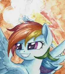 Size: 2140x2446 | Tagged: safe, artist:the-wizard-of-art, derpibooru import, part of a set, rainbow dash, pegasus, pony, eyebrows, female, g4, grin, high res, image, jpeg, mare, old art, smiling, solo, spread wings, traditional art, turned head, watercolor painting, wings