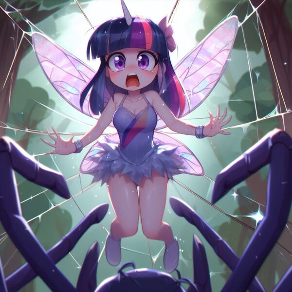 Size: 1024x1024 | Tagged: semi-grimdark, derpibooru import, machine learning generated, twilight sparkle, fairy, spider, ai content, clothes, fairy wings, image, jpeg, leotard, scared, solo, spider web, wings