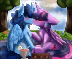 Size: 1035x851 | Tagged: safe, derpibooru import, twilight sparkle, twilight sparkle (alicorn), oc, oc:blue thunder, alicorn, image, kissing, picnic, png, shipping, thundersparkle