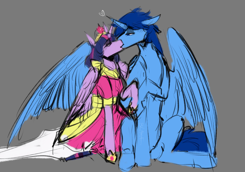 Size: 3000x2100 | Tagged: safe, derpibooru import, twilight sparkle, twilight sparkle (alicorn), oc, oc:blue thunder, alicorn, clothes, dress, image, jpeg, kissing, princess dress, thundersparkle