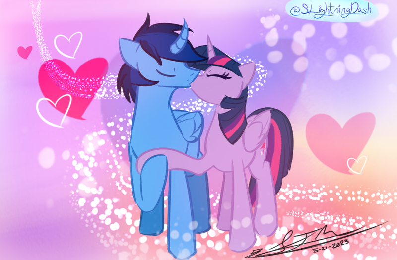 Size: 925x606 | Tagged: safe, derpibooru import, twilight sparkle, twilight sparkle (alicorn), oc, oc:blue thunder, alicorn, image, kissing, png, thundersparkle