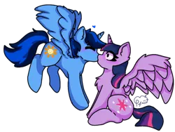 Size: 808x606 | Tagged: safe, derpibooru import, twilight sparkle, twilight sparkle (alicorn), oc, oc:blue thunder, alicorn, image, kissing, png, thundersparkle