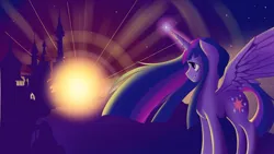 Size: 2560x1440 | Tagged: safe, artist:autumnsmonologue8, artist:megaphoric, derpibooru import, twilight sparkle, twilight sparkle (alicorn), alicorn, pony, canterlot, canterlot castle, female, glow, glowing horn, grin, horn, image, png, profile, smiling, solo, song cover, spread wings, sunrise, twilight (astronomy), twilight at twilight, ultimate twilight, wings