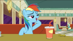 Size: 854x478 | Tagged: safe, derpibooru import, screencap, honey curls, mare e. lynn, rainbow dash, earth pony, pegasus, pony, the saddle row review, animated, background pony, chair, cute, dashabetes, discovery family, discovery family logo, drink, female, food, image, logo, mare, salt, solo focus, straw, talking, talking to viewer, webm, youtube link
