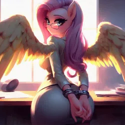 Size: 1024x1024 | Tagged: suggestive, derpibooru import, machine learning generated, fluttershy, anthro, human, ai content, arrested, ass, blushing, breasts, butt, cuffed, cuffs, desk, feather, flutterbutt, generator:dall-e 3, glasses, handcuffed, hands behind back, humanized, image, jpeg, looking at you, office, office lady, paper, secretary, wide hips, window, winged humanization, wings