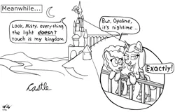 Size: 1800x1150 | Tagged: safe, artist:ebbysharp, derpibooru import, pony, g5, image, misty brightdawn, monochrome, movie reference, opaline arcana, opaline's dark castle, png, the lion king