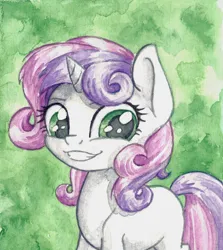 Size: 2160x2419 | Tagged: safe, artist:the-wizard-of-art, derpibooru import, part of a set, sweetie belle, pony, unicorn, blank flank, cute, diasweetes, eyebrows, female, filly, foal, g4, grin, high res, horn, image, jpeg, looking at you, smiling, smiling at you, solo, traditional art, watercolor painting