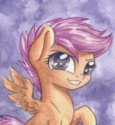 Size: 2223x2415 | Tagged: safe, artist:the-wizard-of-art, derpibooru import, part of a set, scootaloo, pegasus, pony, blank flank, cute, cutealoo, eyebrows, female, filly, foal, g4, grin, high res, image, jpeg, looking at you, raised hoof, smiling, smiling at you, solo, spread wings, traditional art, watercolor painting, wings