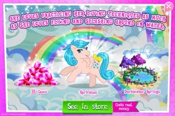 Size: 1964x1302 | Tagged: safe, derpibooru import, idw, official, sprinkles (g1), pegasus, pony, g1, advertisement, bow, bush, costs real money, engrish, female, g4, gameloft, gem, idw showified, image, jpeg, lilypad, mare, mobile game, my little pony: magic princess, numbers, sale, solo, solo focus, tail, tail bow, text, tree, water, wings