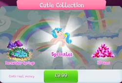 Size: 1267x860 | Tagged: safe, derpibooru import, idw, official, sprinkles (g1), pegasus, pony, g1, bow, bundle, bush, costs real money, engrish, female, g4, gameloft, gem, idw showified, image, jpeg, lilypad, mare, mobile game, my little pony: magic princess, numbers, sale, solo, solo focus, tail, tail bow, text, tree, water, wings