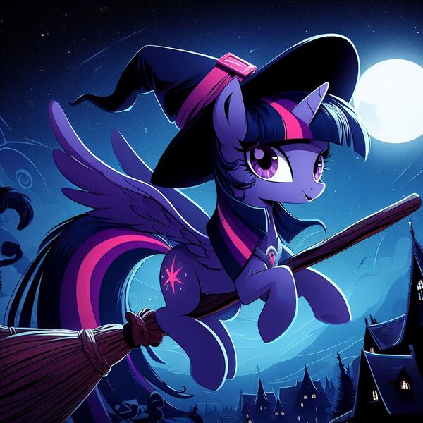 Size: 1024x1024 | Tagged: safe, derpibooru import, machine learning generated, twilight sparkle, twilight sparkle (alicorn), alicorn, pony, ai content, broom, derpibooru exclusive, female, flying, flying broomstick, full moon, generator:dall-e 3, hat, image, jpeg, looking at you, mare, moon, night, night sky, prompter:siber, sky, solo, village, witch hat