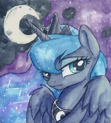 Size: 2240x2483 | Tagged: safe, artist:the-wizard-of-art, derpibooru import, part of a set, princess luna, alicorn, pony, bust, eyebrows, female, g4, high res, horn, image, jpeg, lidded eyes, looking at you, mare, old art, portrait, solo, traditional art, watercolor painting, wings