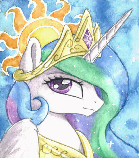 Size: 2164x2463 | Tagged: safe, artist:the-wizard-of-art, derpibooru import, part of a set, princess celestia, alicorn, pony, bust, crown, eyebrows, female, g4, high res, horn, image, jewelry, jpeg, looking at you, mare, old art, portrait, profile, regalia, solo, traditional art, watercolor painting, wings