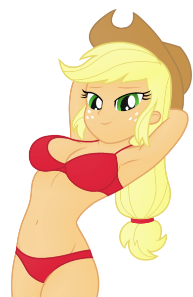 Size: 1300x2000 | Tagged: suggestive, artist:ah96, derpibooru import, applejack, human, equestria girls, arm behind head, armpits, belly button, bra, breasts, busty applejack, clothes, female, image, looking at you, ms paint, panties, png, red underwear, shading, simple background, smiling, solo, solo female, transparent background, underwear