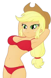 Size: 1300x2000 | Tagged: suggestive, artist:ah96, derpibooru import, applejack, human, equestria girls, arm behind head, armpits, belly button, bra, breasts, busty applejack, clothes, female, image, looking at you, ms paint, panties, png, red underwear, shading, simple background, smiling, solo, solo female, transparent background, underwear