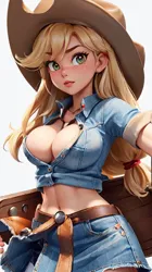 Size: 512x912 | Tagged: suggestive, derpibooru import, machine learning generated, stable diffusion, applejack, human, absolute cleavage, ai content, applejack's hat, belly button, belt, belt buckle, big breasts, breasts, busty applejack, cleavage, clothes, cowboy hat, cowgirl, cowgirl outfit, denim, denim skirt, female, freckles, hat, humanized, image, midriff, png, prompter:cloudmaster316, simple background, skirt, solo, solo female, white background