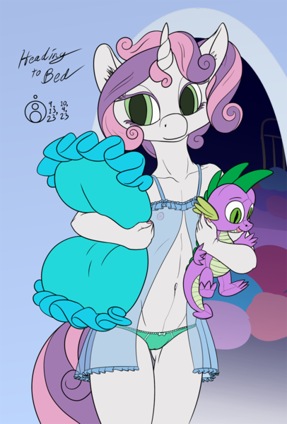 Size: 812x1200 | Tagged: questionable, artist:sepiakeys, banned from derpibooru, deleted from derpibooru, derpibooru import, spike, sweetie belle, unicorn, babydoll, breasts, clothes, delicious flat chest, female, image, lingerie, male, missing cutie mark, nightgown, panties, pillow, plushie, png, see-through, shipping, simple background, solo, solo female, spike plushie, spikebelle, straight, underwear