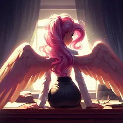 Size: 1024x1024 | Tagged: safe, derpibooru import, machine learning generated, fluttershy, human, ai content, ass, back, backlighting, butt, clothes, collar shirt, curtains, desk, feather, female, flutterbutt, hand, humanized, image, jpeg, long sleeves, office, office lady, paper, ponytail, rear view, secretary, skirt, solo, solo female, window, winged humanization, wings