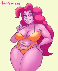 Size: 1280x1578 | Tagged: suggestive, artist:ledanremin, derpibooru import, pinkie pie, human, equestria girls, bikini, breasts, busty pinkie pie, chubby, clothes, female, grin, hand on hip, image, jpeg, sharp teeth, simple background, smiling, solo, solo female, swimsuit, teeth, yellow background