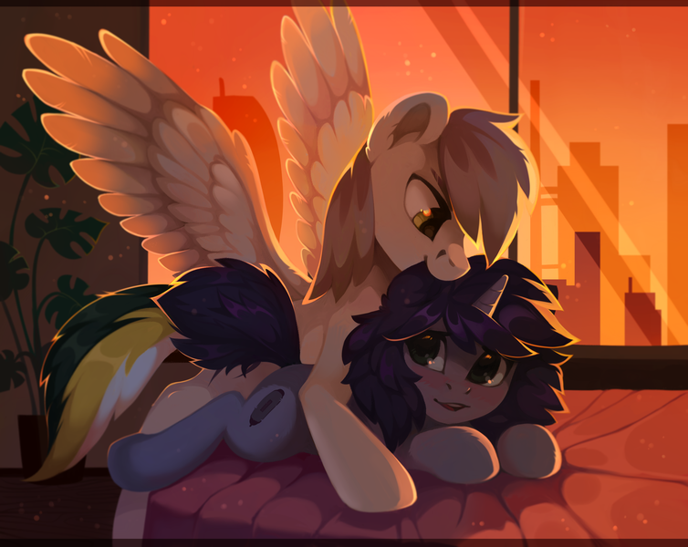 Size: 2500x1989 | Tagged: suggestive, artist:lispp, derpibooru import, oc, oc:kate, oc:kej, unofficial characters only, pegasus, pony, unicorn, bed, bedroom, biting, blushing, city, cute, duo, duo male and female, eyebrows, female, hair bite, horn, image, implied sex, indoors, k+k, looking at each other, looking at someone, lying down, male, mare, oc x oc, ocbetes, on bed, open mouth, pegasus oc, plant, png, prone, shipping, spread wings, stallion, straight, sunset, unicorn oc, window, wings