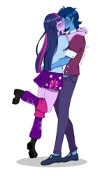 Size: 370x593 | Tagged: safe, derpibooru import, twilight sparkle, oc, oc:blue thunder, equestria girls, hug, image, kissing, png, thundersparkle