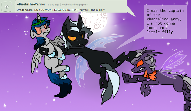 Size: 950x556 | Tagged: safe, artist:lupisvulpes, derpibooru import, oc, oc:monochromatic heart, oc:slice n' dice, unofficial characters only, alicorn, changeling, pony, ask, deviantart, flying, image, night, png, sky, trio