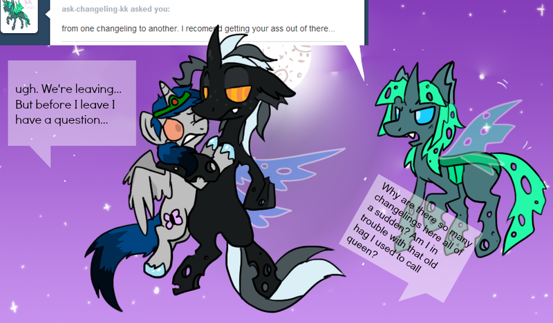 Size: 950x556 | Tagged: safe, artist:lupisvulpes, derpibooru import, oc, oc:monochromatic heart, oc:slice n' dice, unofficial characters only, alicorn, changeling, ask, flying, image, night, outdoors, png, talking, tumblr