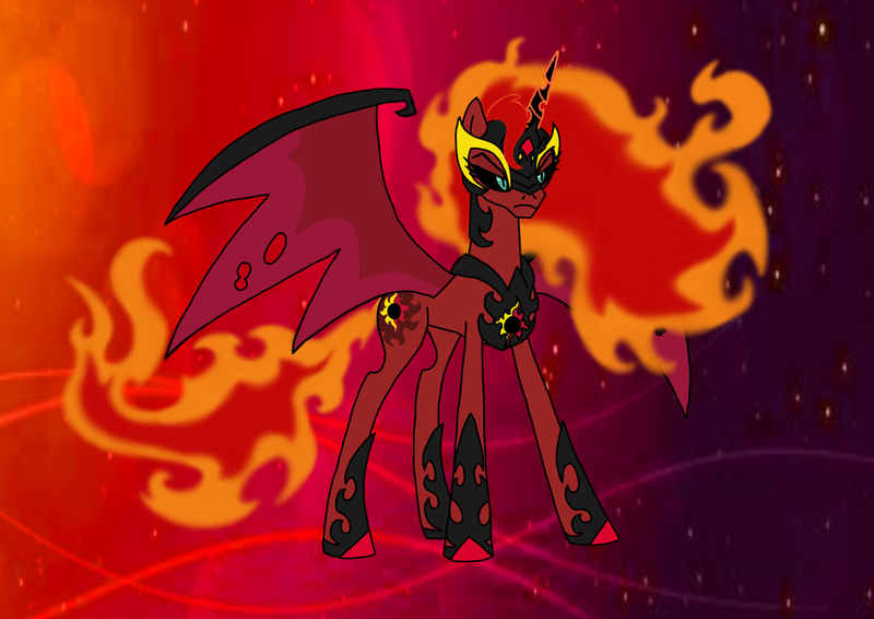 Size: 1414x1000 | Tagged: safe, artist:zetikoopa, derpibooru import, sunset shimmer, alicorn, pony, alicornified, corrupted, demon wings, female, image, mane of fire, mare, nightmare sunset, png, race swap, shimmercorn, sunset satan, wings