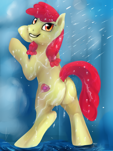 Size: 3000x4000 | Tagged: suggestive, artist:tehtigress, derpibooru import, apple bloom, earth pony, pony, alternate hairstyle, bath, bipedal, bloom butt, butt, commission, dock, female, filly, foal, foalcon, grin, image, looking at you, looking back, looking back at you, plot, png, shower, smiling, solo, tail, underage, water, wet, ych result